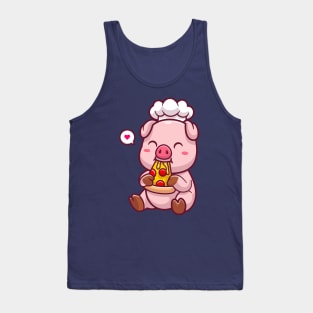 Cute Chef Pig Eating Pizza Cartoon Tank Top